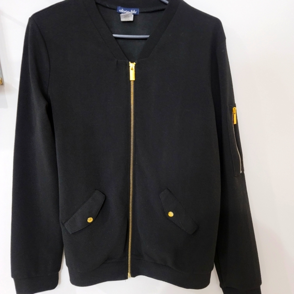 Olivia Blu Black Bomber Jacket With Gold Zipper Detailing​ - Picture 2 of 12